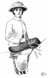 Drawing of mounted woman with hat and jacket