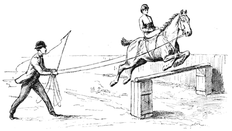 Drawing of woman riding without reins over a jump