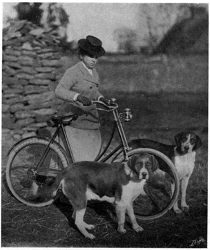Woman standing with bicycle, with two hounds next to her