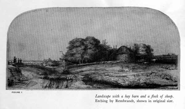 Landscape with a hay barn and a flock of sheep. Etching by Rembrandt.