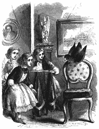 Three people looking at a parrot perched on the back of a chair
