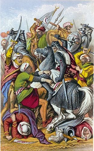 In vain were all attempts to drag him from his steed; before his mighty battle-axe the Saracens seemed to fall as corn before the reaper.—p. 169.