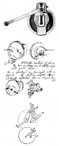 Quick-return mechanism. Top, Early representation of the quick-return mechanism patented by Whitworth in 1849, 