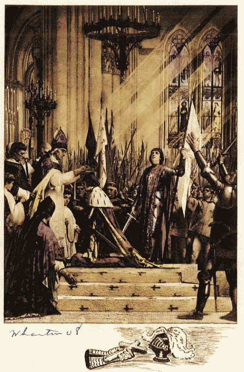Jeanne d'Arc stands, banner in hand,
during the coronation of Charles
VII before the high altar at Rheims.