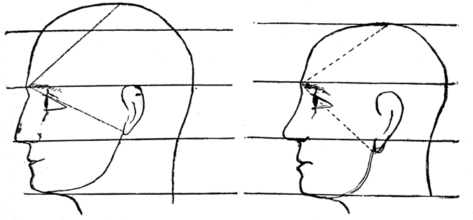 Profile views of two heads, with horizontal lines as described above.