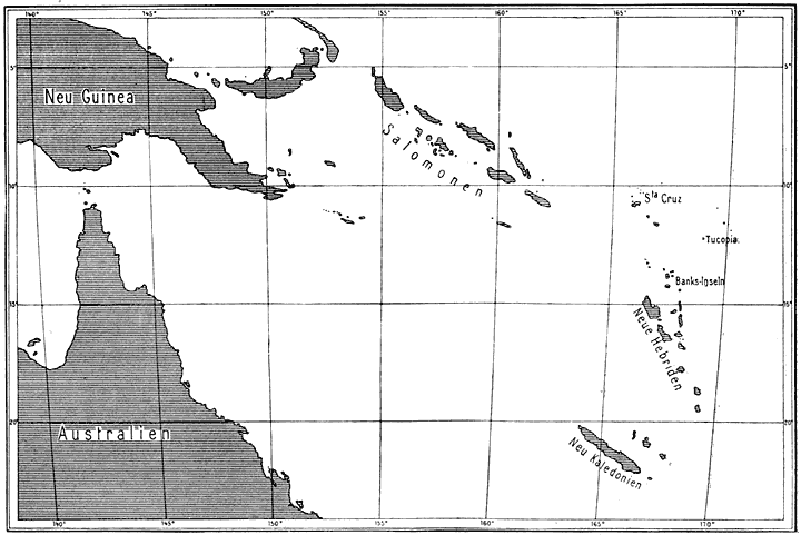 Overview map, showing the location of the New Hebrides relative to Australia and New Guinea.