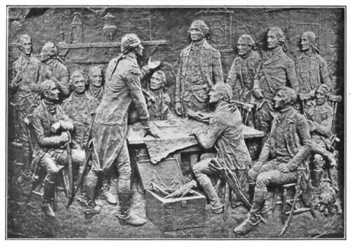 From a photograph by Norman L. Coe & Son.
   The Council at Hopewell. This bas-relief, by the sculptor J.E. Kelly,
   appears on the Monmouth Battle Monument.It shows a
   conference of Washington and his generals.
   Lafayette is shown standing opposite to Washington.