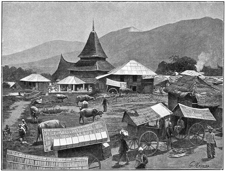 Moskee en woningen aan den voet van den Singgalang.