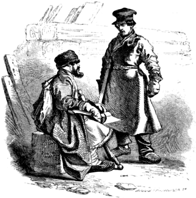 Two serfs, one seated, talk together