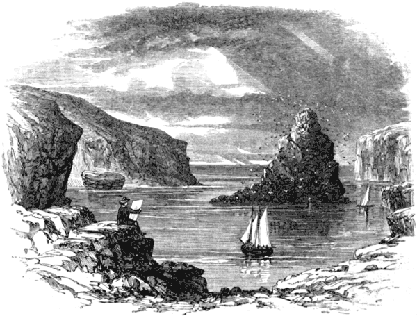 A sheltered bay with a huge rock outcropping in the center, and two sailing boats