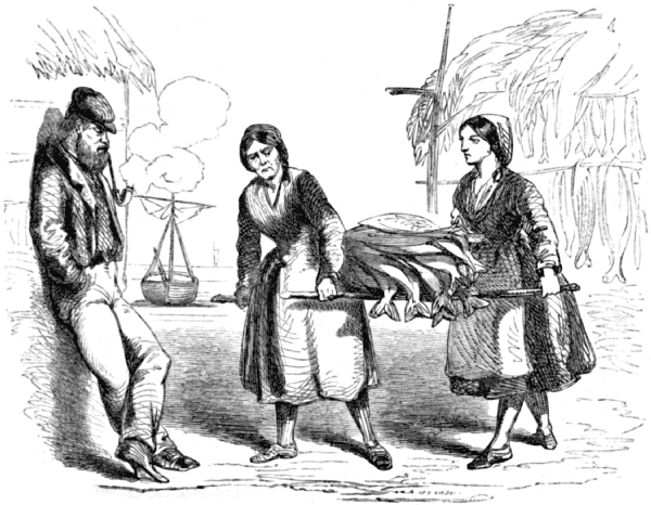 Two women carry a pallet of fish, while a man leans against a wall and smokes a pipe
