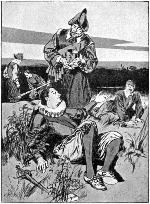 From MY BOOK OF TRUE STORIES (See page 31) SIR PHILIP SIDNEY AND THE DYING SOLDIER (Reduced from a Colour Illustration) Illustration: From MY BOOK OF TRUE STORIES