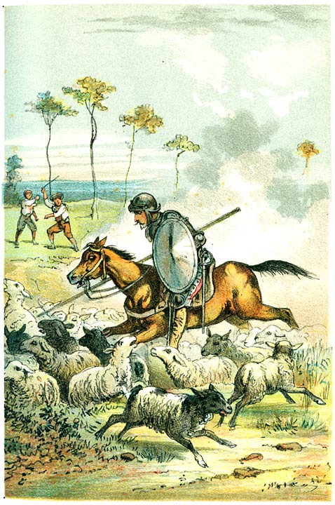 Onder wild krijgsgeschreeuw drong Don Quichot midden in de kudde schapen door en deelde rechts en links verwoede houwen en steken uit.