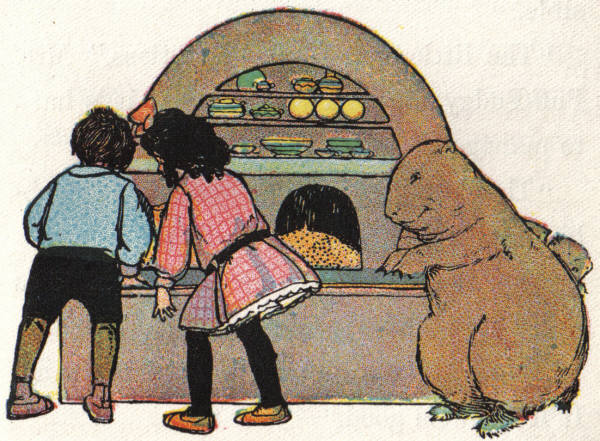 The children examine the dining-
room