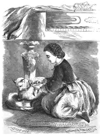A girl sitting on the floor, playing with a cat on a cushion