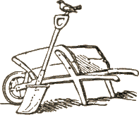 robin on spade leaning against wheelbarrow