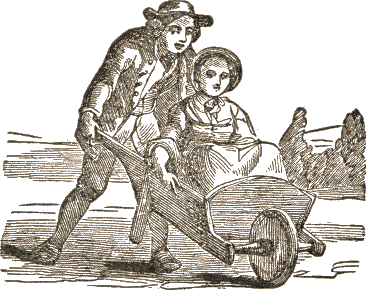 man pushing wheelbarrow with wife sitting in it