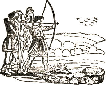 three men, one shooting bow at birds