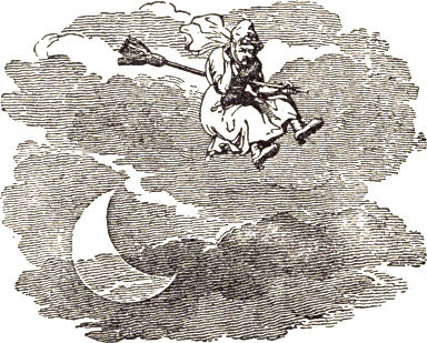 old woman with broom under arm, with crescent moon below