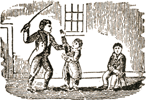 man whipping child while another sits nearby