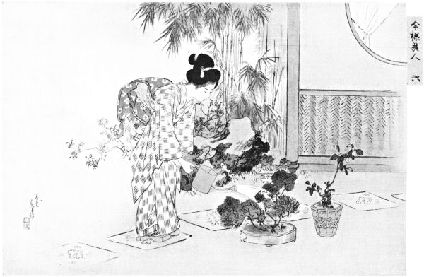 A woman tends bonsai
