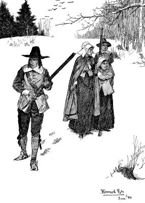 EARLY SETTLERS GOING TO MEETING.—Drawn by Howard Pyle.