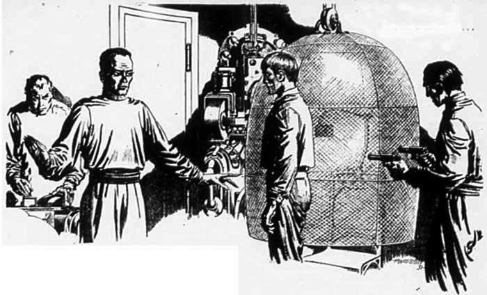 Two men speaking to each other while standing in front of a round, large machine.