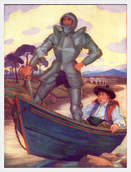 "DON QUIXOTE INSISTED THAT THE BOAT HAD BEEN SENT BY MAGIC TO
FETCH HIM TO SOME GREAT KNIGHT."—Page 222
