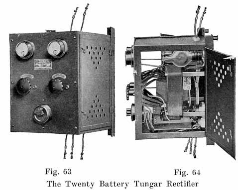 Fig. 63 The 20 battery Tungar rectifier; and Fig. 64 Internal view of the 20 battery Tungar rectifier