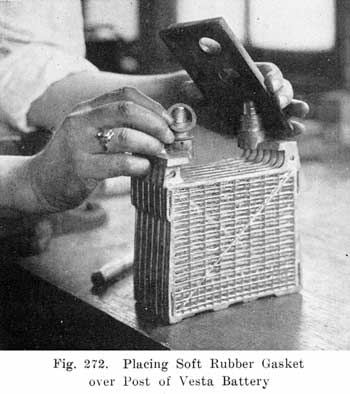 Fig. 272 Placing soft rubber gasket over post of Vesta battery