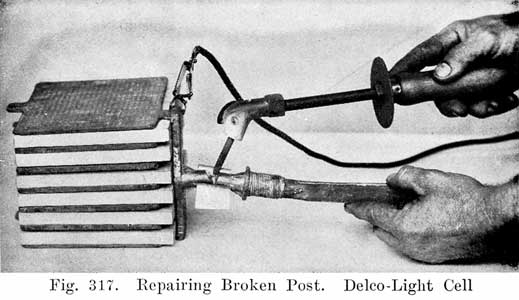 Fig. 317 Repairing broken post, Delco-Light cell
