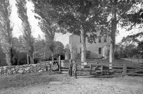THE BIRTHPLACE, FROM THE ROAD
Showing eastern porch, gate, bridle-post, and large boulder used as horse-block