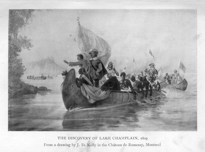 THE DISCOVERY OF LAKE CHAMPLAIN, 1609.  From a drawing by J. D. Kelly in the Chteau de Ramezay, Montreal.