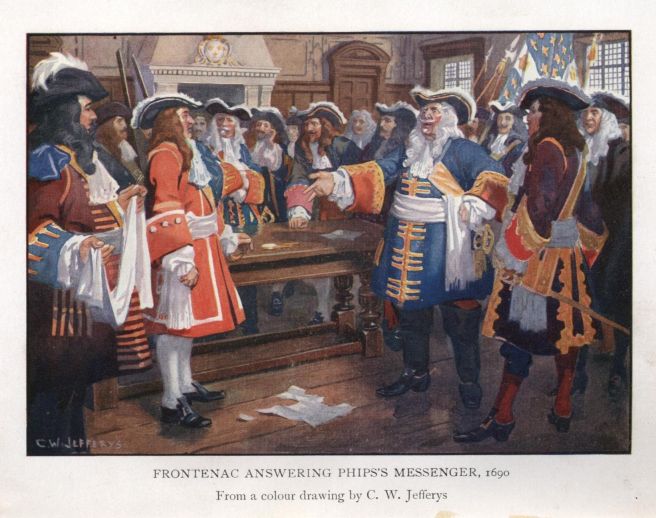 FRONTENAC ANSWERING PHIPS'S MESSENGER, 1690.  From a colour drawing by J. W. Jefferys