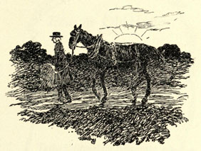 Drawing of the Deacon leading the horse, still wearing the harness