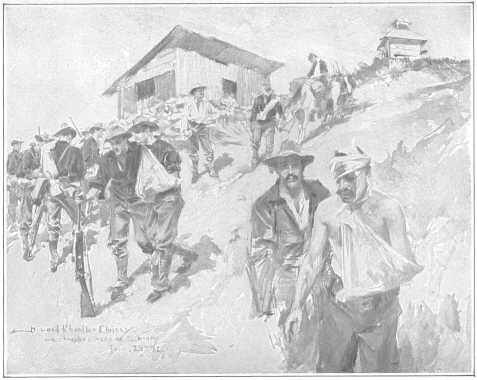 Wounded Rough Riders coming over the hill at Siboney.  Head of
column of Second Infantry going to support the Rough Riders, June 24th