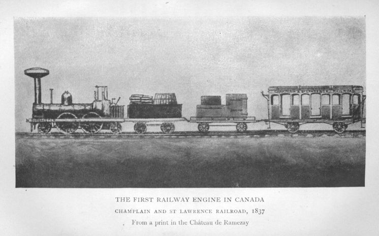 The first railway engine in Canada.  Champlain and St Lawrence Railroad, 1837.  From a print in the Chteau de Ramezay.