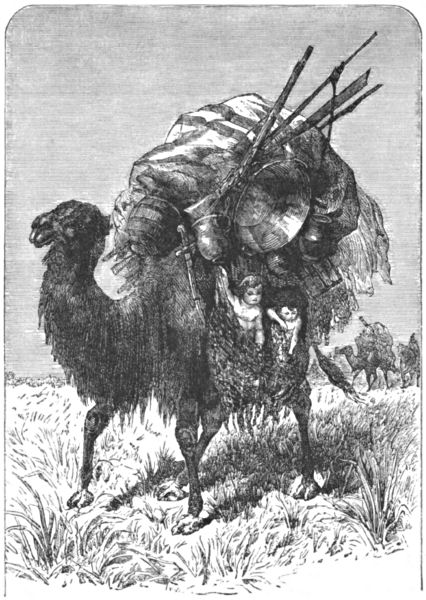 The camel is laden with items, and two small children are in hanging bags on the side
