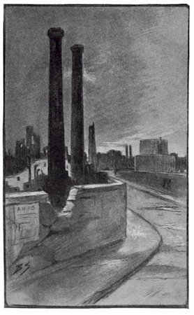 (factory chimneys along empty street)