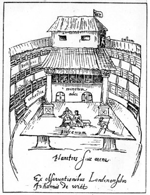 an interior view of a theatre in the time of shakespeare.
the swan theatre, 1596.