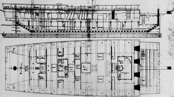 Figure 5.—Floating battery Spanker built, in England
by William Barnard, at Deptford on the Thames, and launched June 14,
1794. Rigged as a bomb ketch, its length is 111 feet 7 inches in the
keel, extreme beam 42 feet 4 inches, depth of hold 8 feet. Upper deck
plan also shown.