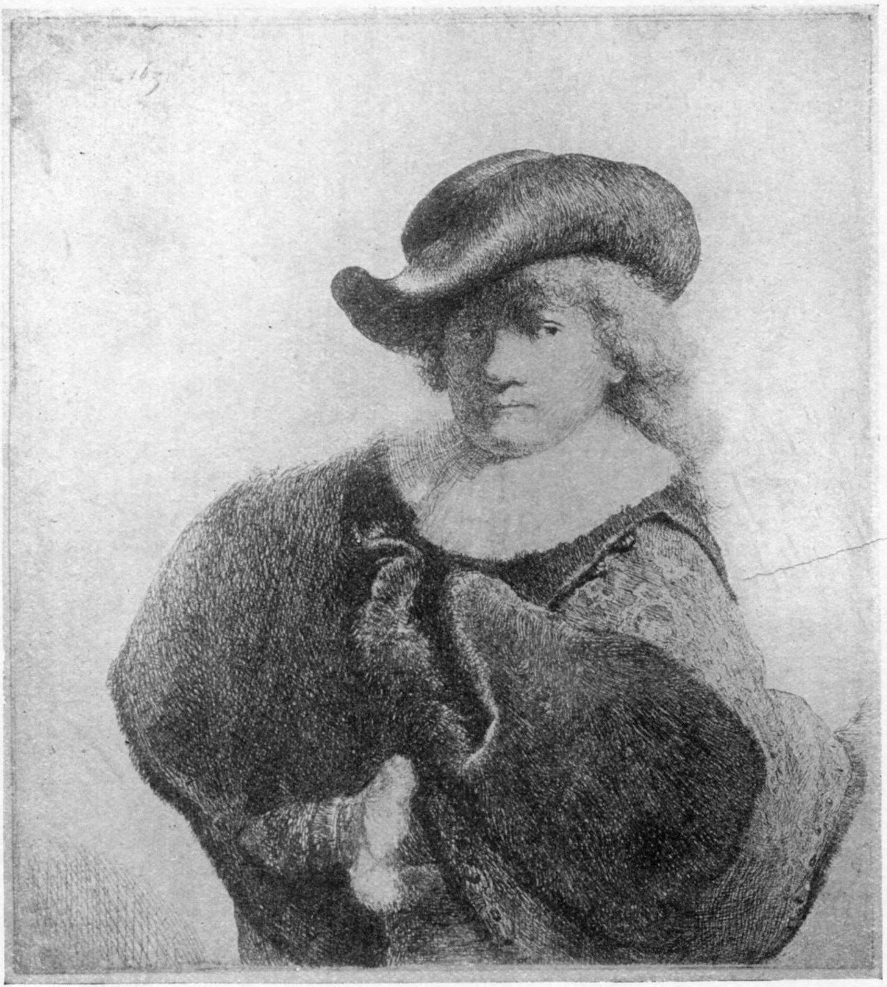 54, VI. REMBRANDT WEARING A SOFT HAT, COCKED. 1631. B. 7. Later state, the body added. 54, VI. REMBRANDT WEARING A SOFT HAT, COCKED. 1631. B. 7. Later state, the body added.