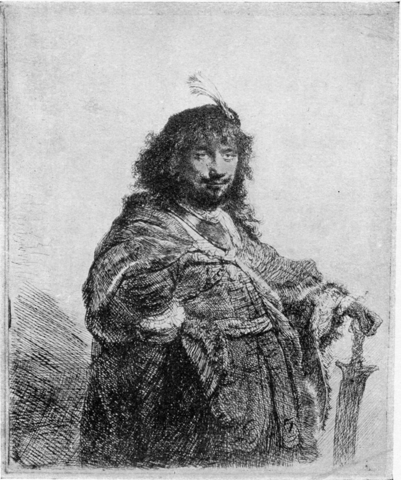 110, I. REMBRANDT WITH PLUMED HAT, AND SABRE. 1634. B. 23. This plate was afterwards cut down to a bust in an oval. 110, I. REMBRANDT WITH PLUMED HAT, AND SABRE. 1634. B. 23. This plate was afterwards cut down to a bust in an oval.