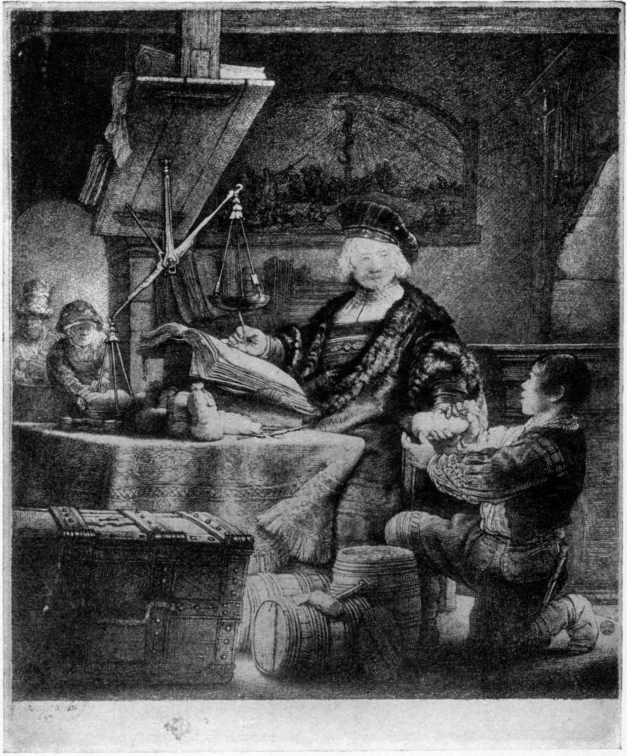 167, I. JAN UYTENBOGAERT, RECEIVER-GENERAL (THE “GOLD-WEIGHER”). 1639. B-281. First state, the face only lightly indicated 167, I. JAN UYTENBOGAERT, RECEIVER-GENERAL (THE “GOLD-WEIGHER”). 1639. B-281. First state, the face only lightly indicated
