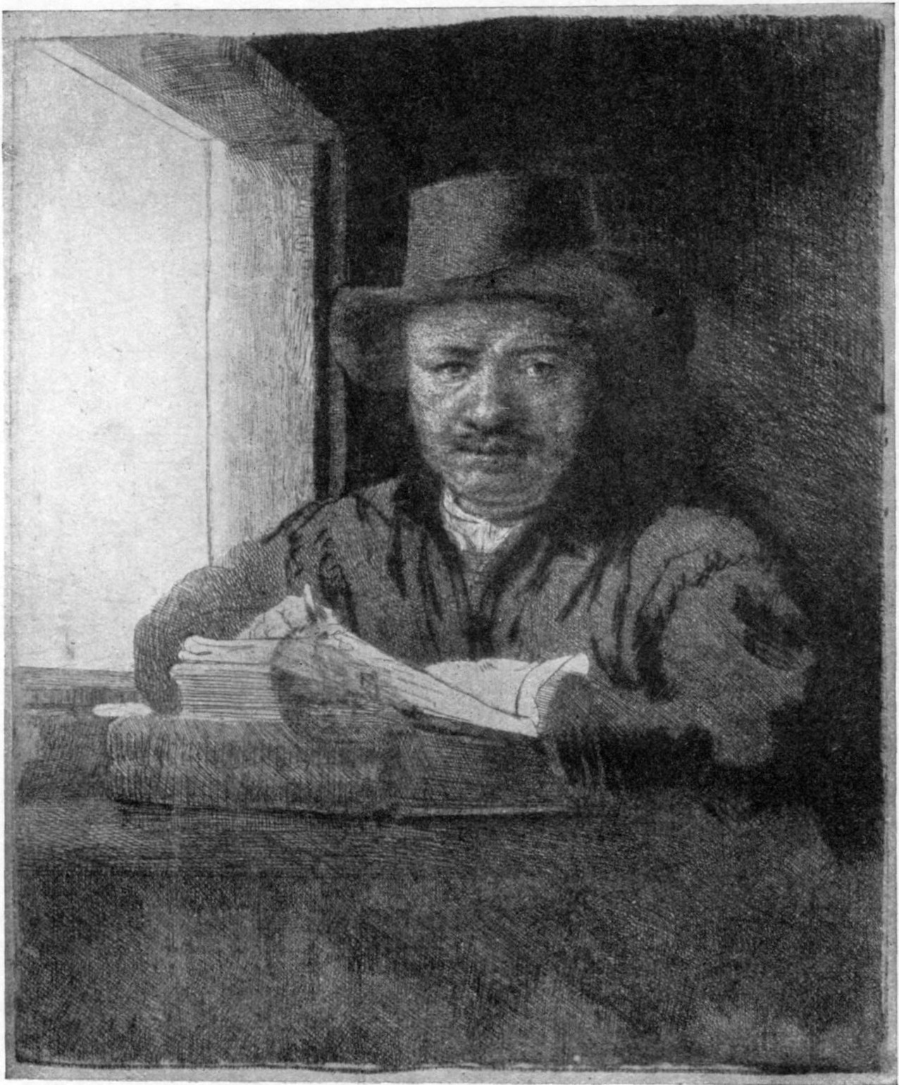 229, I. REMBRANDT DRAWING AT A WINDOW. 1648. B. 22. Unfinished state. 229, I. REMBRANDT DRAWING AT A WINDOW. 1648. B. 22. Unfinished state.