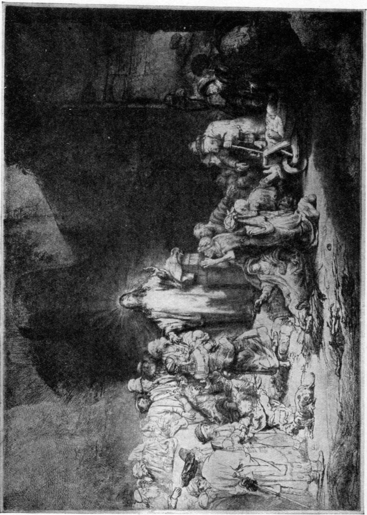 236, I. CHRIST, WITH THE SICK AROUND HIM, RECEIVING LITTLE CHILDREN (The “Hundred Guilder Print”). (1649.) B. 74. First state, before adding shading on the neck of the ass, r. Only nine impressions of this state are known, two being in the British Museum 236, I. CHRIST, WITH THE SICK AROUND HIM, RECEIVING LITTLE CHILDREN (The “Hundred Guilder Print”). (1649.) B. 74. First state, before adding shading on the neck of the ass, r. Only nine impressions of this state are known, two being in the British Museum