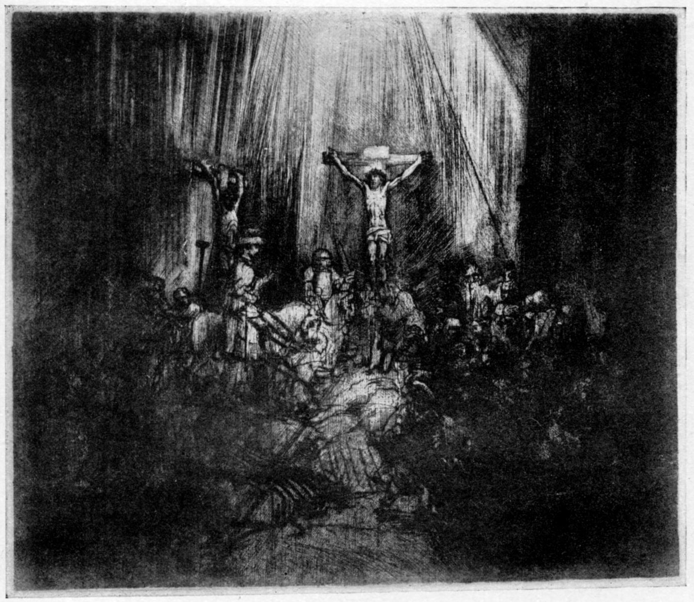 270, IV. THE THREE CROSSES. 1653. B. 78. Fourth state. The plate entirely transformed: ihe figures in the middle and foreground, l., almost entirely effaced; a new group added l. of the central cross, 270, IV. THE THREE CROSSES. 1653. B. 78. Fourth state. The plate entirely transformed: ihe figures in the middle and foreground, l., almost entirely effaced; a new group added l. of the central cross,
