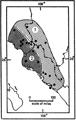 Map 1. Geographic distribution of
Perognathus goldmani. The black dots
are known localities of occurrence.

1. P. g. artus

2. P. g. goldmani