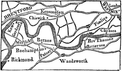 A map of the area between London and Kew.