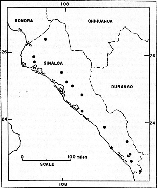 Fig. 1. Map of Sinaloa on which are plotted symbols representing placenames
mentioned in text.